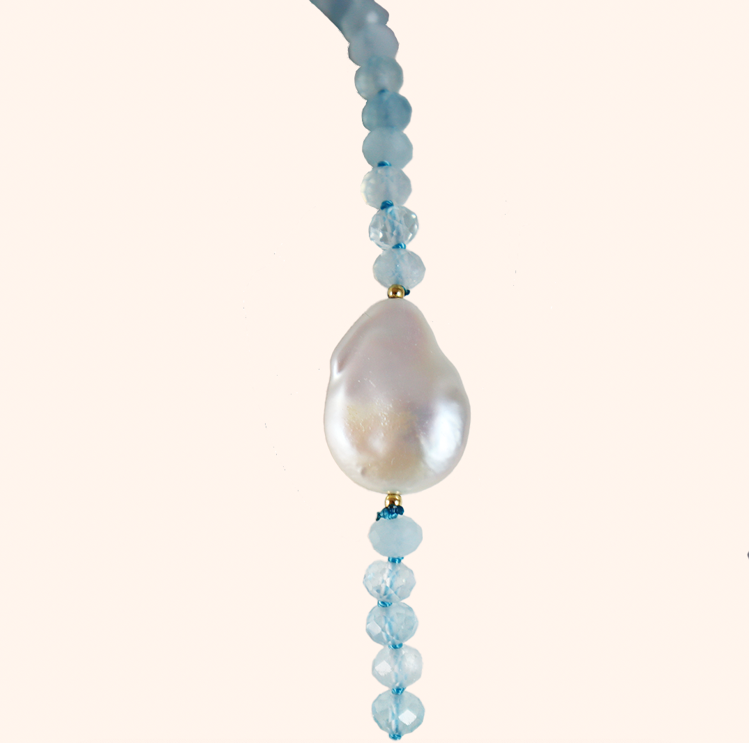 Natural Aquamarine & White Baroque Pearl Necklace – 2x4mm Faceted Blue Rondelle, 18” Choker