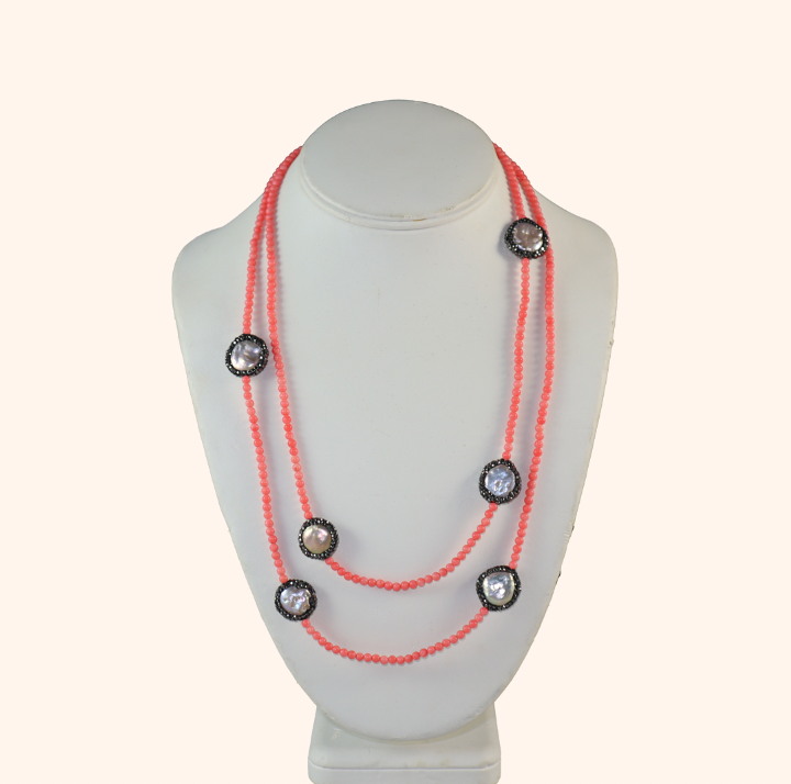 Light Coral & Pearl Gemstone Necklace