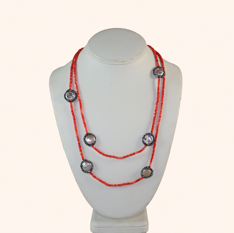 Red Coral & Pearl Gemstone Necklace